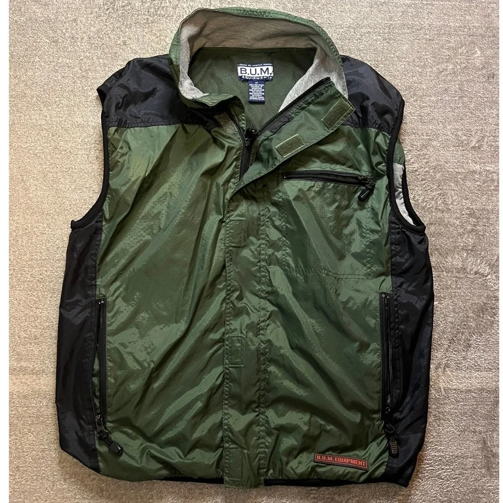 B.U.M. Equipment Vintage Mens Utility Vest Green Black Nylon Mesh Lined Medium